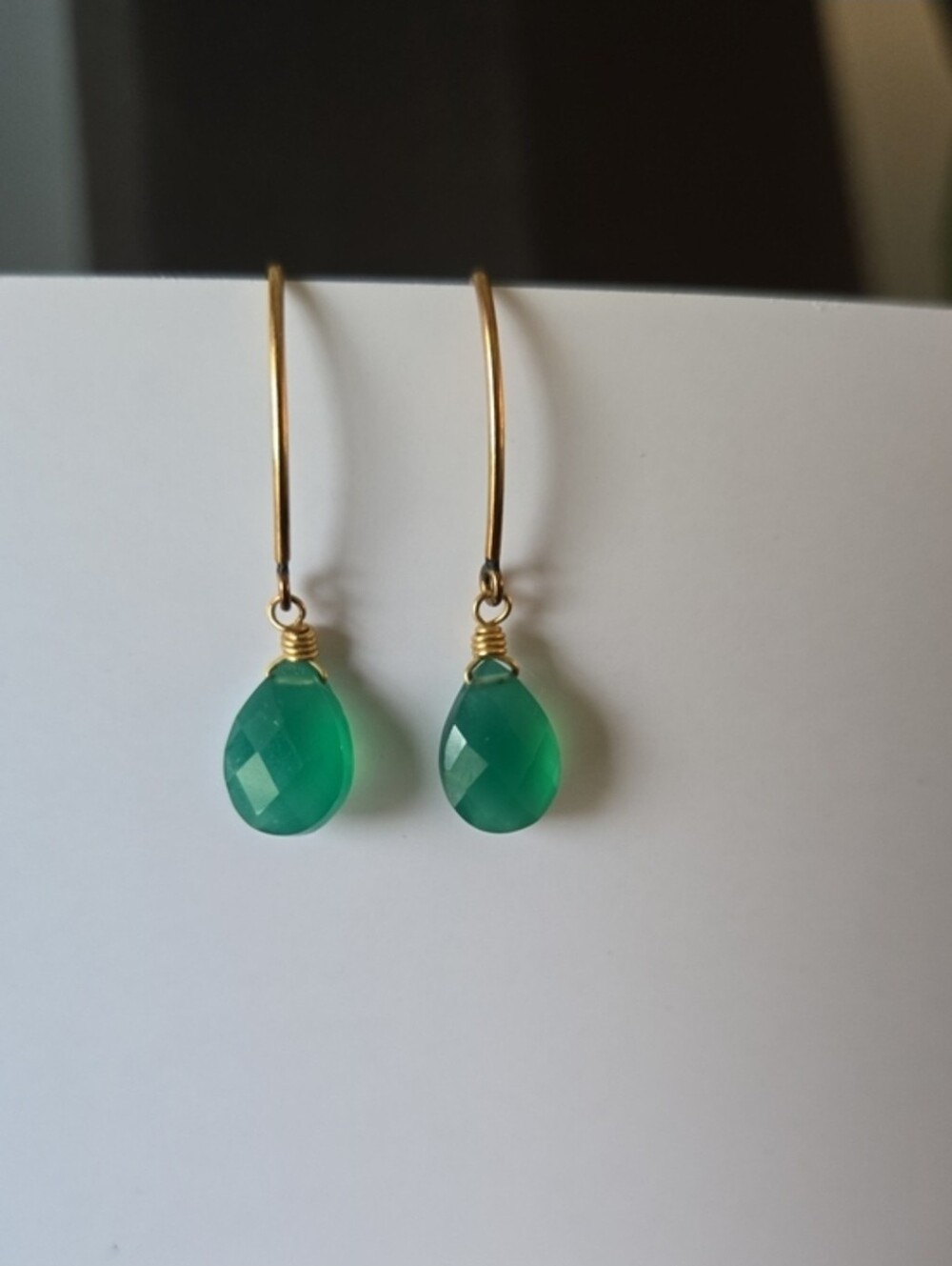 Emerald Green Onyx Earrings 14KT Gold Filled - Picture 2 of 6